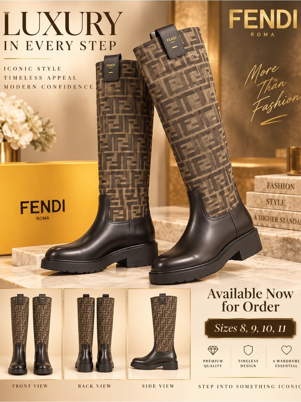 Fendi Brown FF Logo Over-the-Knee Leather-Trim Boots